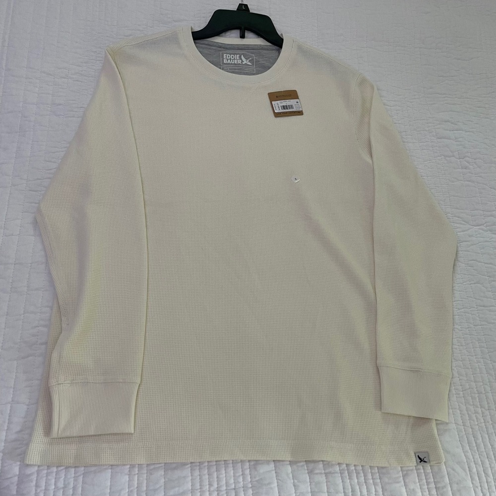 Eddie Bauer Mens Thermal Crew Neck Shirt Ivory Waffle Knit Long Sleeve L 3253